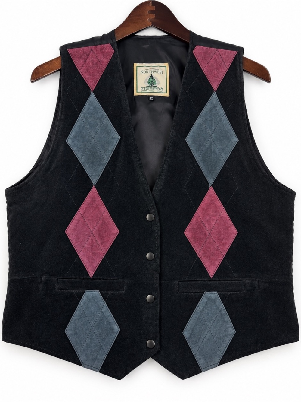 Vintage 90s Genuine Leather Argyle Vest Black Burgundy Blue 1X
